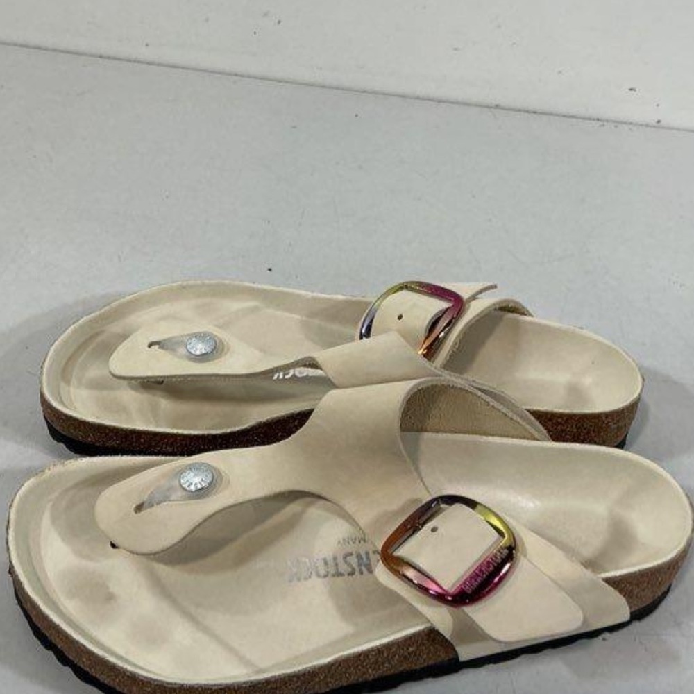 Women’s Birkenstock Gizeh Cream Sandals with Big Multicolor Buckle Size 39